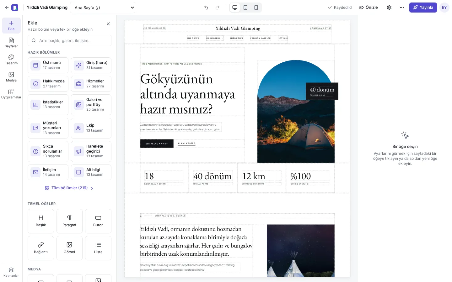 BOGA SiteBuilder editörü: Yıldızlı Vadi Glamping sitesi düzenleniyor