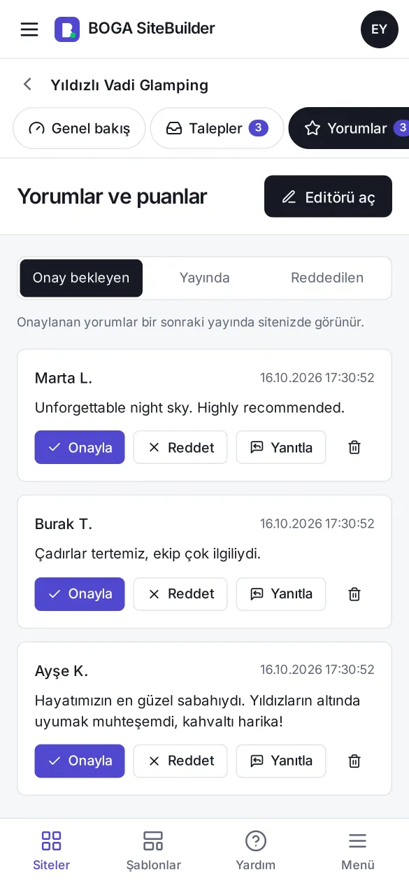 Telefonda yorum onaylama